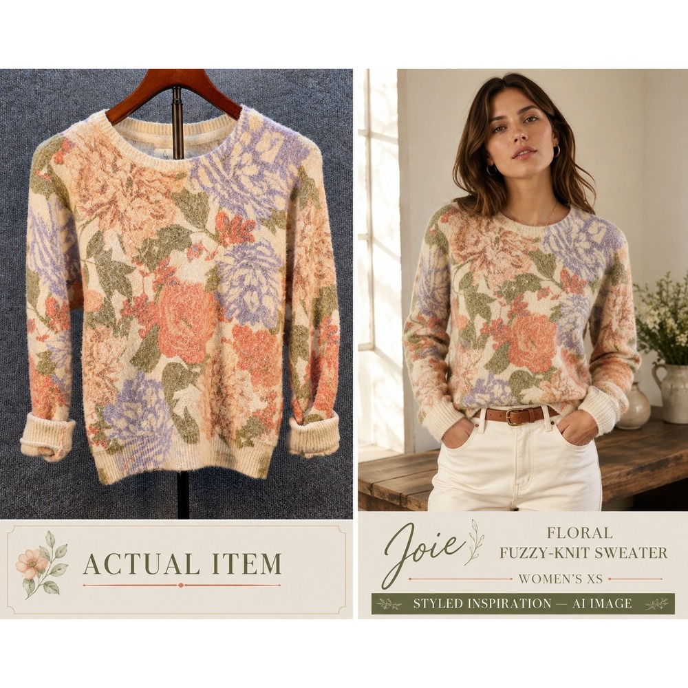 Joie Floral Fuzzy Sweater Womens XS Pastel Crewneck Pullover Excellent Coquette